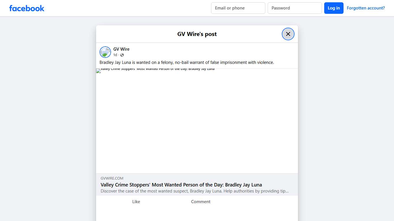 GV Wire - Bradley Jay Luna is wanted on a felony, no-bail... Facebook
